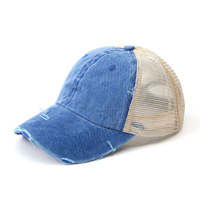 China Wholesale Summer Women's Sports Colorful Mesh Fitting 6 Panel Baseball Hat High Quality Mesh Ponytail Adjustable Hat for sale