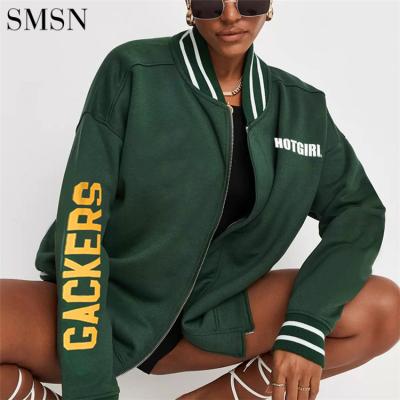 China Wholesale Anti-shrink Sweatwear Letter Print Green Varsity Bomber Jacket Autumn Loose Jackets For Women for sale