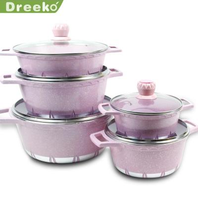 China Sustainable pinkish purple cookware set pots and pans non stick kitchen camping cookware sets cooking pot for sale