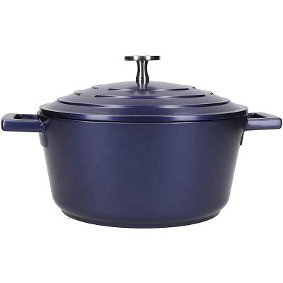 China Sustainable 28cm Cast Iron Navy Blue Kitchen Cooking Low Casserole Dish With Lid for sale