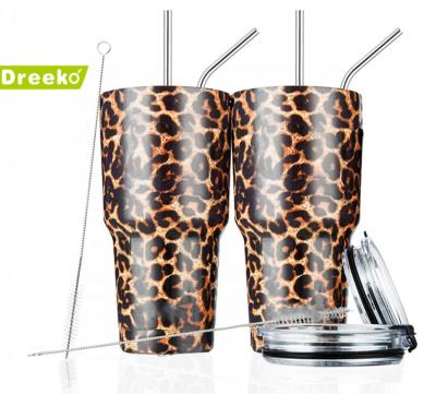 China Sustainable Leopard Print Fashion Stainless Steel Customized Simple Design Double Layer Cheap Automatic Travel Mug And Coffee Mug for sale