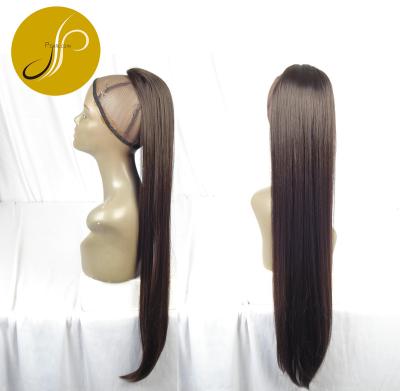 China Pearlcoin Straight Top Synthetic Fiber In Stock Long Length Synthetic Dark Brown Straight Ponytail Extension For Women for sale