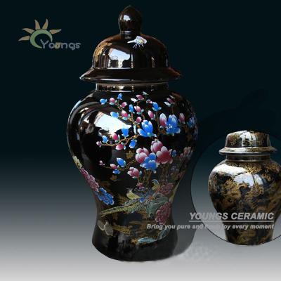 China High temperature fired about 24 inch large Chinese ceramic porcelain large black ginger jars for sale