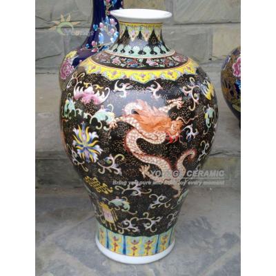 China Family Rose Porcelain 47CM Jingdezhen Large Art Famille Rose Porcelain Floral and Dragon Black Vases for sale