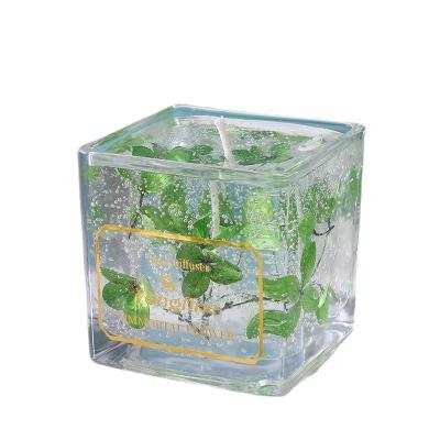 China New Design 2022 Birthdays Luxury Clear Glass Jar Square Gel Wax Scented Candle With Dry Flower Set Gift For Women for sale