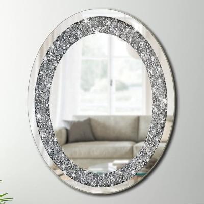 China Customized Shiny Stunning Mirror Oval Crystal Diamond Mirror Wall Hanging Shiny Silver Broken Decoration Rimless Mirror Fashion for sale