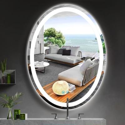 China LED Lighted Oval Bathroom Mirror With Front Light 3 Color Dimmable Anti Fog Mirror Lights Smart Bathroom Vanity Mirror for sale