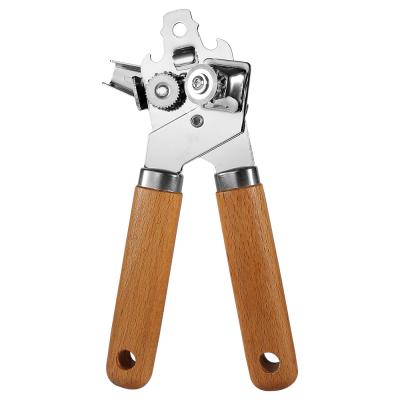 China Durable Custom Multifunctional SS Smooth Edge Safety Can Opener Beech Wood Manual Easy Crank Can Opener for sale