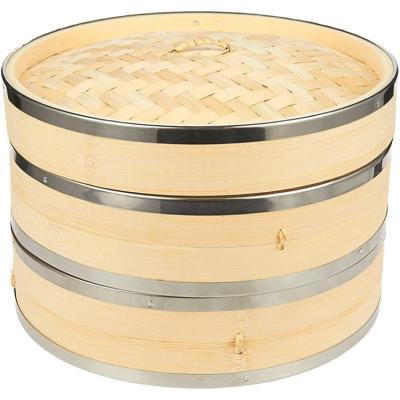 China Sustainable 2 Layers Steaming Basket And Cooking 10 Inch Tiered Dumpling Food Bamboo Baslet Pot Handmade With Stainless Steel Hardware for sale