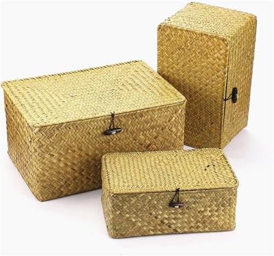 China Wholesale Hot Selling Sustainable Fruit Rectangular Hand Baskets With Lids Hand - Woven Around Tray Decoration Seagrass Woven Basket for sale