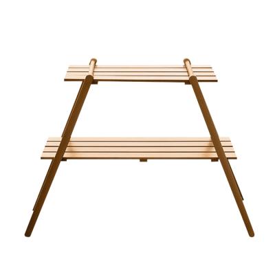 中国 Outdoor Furniture Double Layer Wood Folding Rack Display Standing Camping Wooden Shelf 販売のため