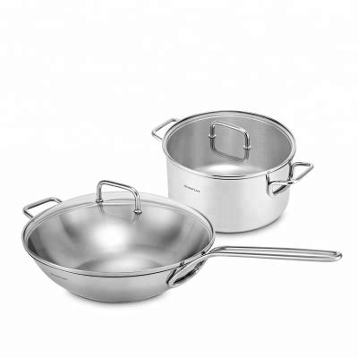 China Triple Sustainable Cookware Stainless Steel Handle 30cm Frying Wok Pan Two Ear 20cm Long Soup Pot 2pcs Cookware Set With Glass Lid for sale