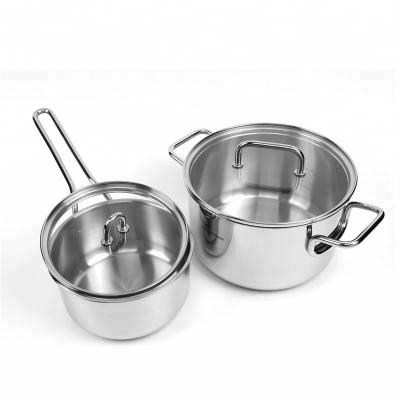 China Sustainable High Quality 18/10 Stainless Steel 2pcs Cooking Set Sauce Pan Milk Pot 20cm To 16cm Casserole Stock Pot With Glass Lid for sale