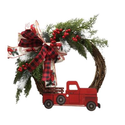 China New Style Christmas Chirstmas Decor Christmas Truck Wreath Window Door Hanging Artificial Rattan Wreath Wreath for sale