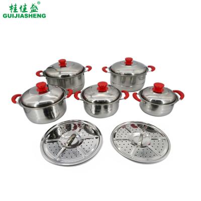 China 5PCS Cooking Pot Set with Steamer Stainless Steel Metal Cookware Double Color Anti-scald Handle with Glass/Steel Cover for sale