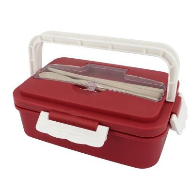 China Student Lunch Box with Tableware and Handle Wheat Straw Plastic Colored Take Out Food Storage Tiffin Box Easy Carrying Bento Box for sale