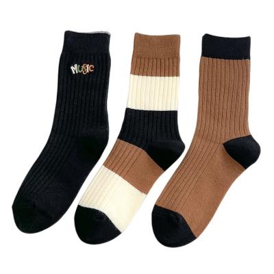 China Autumn Striped Cotton Long Socks Embroidery Breathable Soft Cute Socks For Women for sale