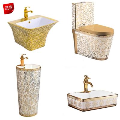 China Modern Luxury Sanitary Ware European Style Golden Toilet Bowl And Ceramic Plating Sink Set for sale