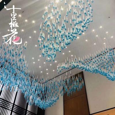 China Large Blue Water Droplets Glass Chandelier Crystal Pendant Light Modern Hotel Hall Lighting Decoration Customized High Luxury for sale