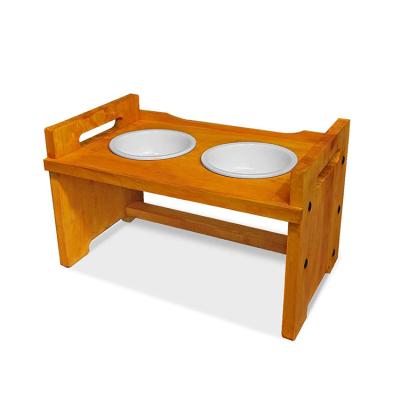 China New Design Sustainable Removable Ceramic Pet Bowl Slow Wooden Raised Double High Dog Feeder for sale