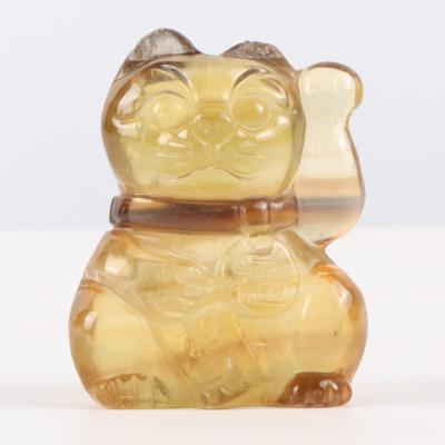 China China Fortune Cat Reiki Healing Gems Crystal Fluorite Spiritual Stone Natural Yellow Animal Figurine Statue Ornament For Home Ministry for sale