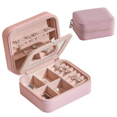 China PU Leather+high grade beaded velvet portable earring PU leather white blue pink girls big jewelry box storage for sale