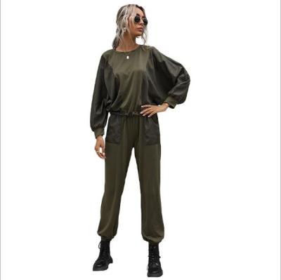 China Breathable Navy Green Women Long Sleeves Loose Sport Suit Solid Two Piece Casual Set for sale