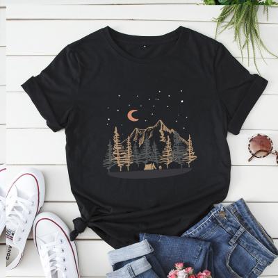 China High Quality Casual 100% Girls Women Girls Cotton Breathable T-shirt Moon Star Printing Shirts for sale