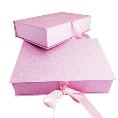 China Custom Reused Materials Logo Satin Wig Gift Packaging Book Shape Pink Silk Extension Package Box for sale