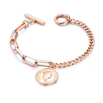 China Jewelry CLASSIC Hot Selling Vintage Queen Main Coin Charms Bracelet Rose Gold Plated Stainless Steel for sale