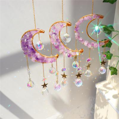 China Rustic Wall Art Gold Moon Sun Catcher with Window Vintage Prism Crystal Quartz Stone Hanging Ball Home and Garden Decoration for sale