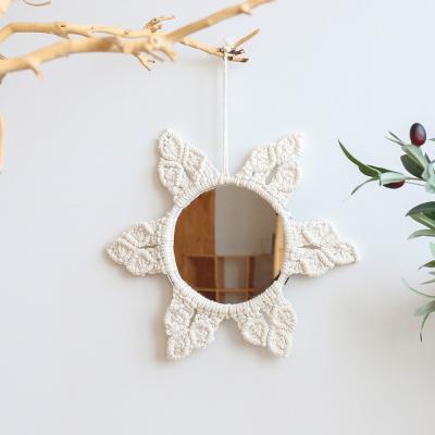 China Boho Eco-friendly Nordic Handmade Rattan Round Mirror Handmade Porch Wall Hanging Makeup Cotton Tapestry Macrame Chic Home Room Decor for sale