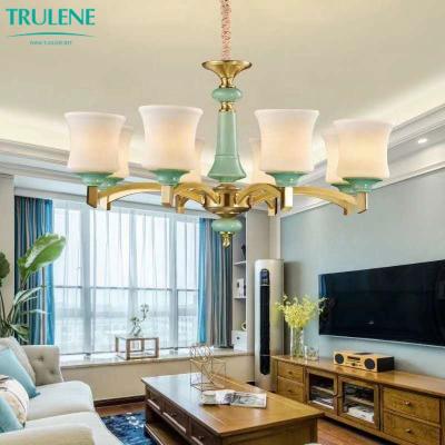 China Europe Chandelier Luxury Hotel Home Decorate Pendant Lighting With Copper Color Turquoise Ceramic Lampshade E27*8 White Glass Chandelier for sale