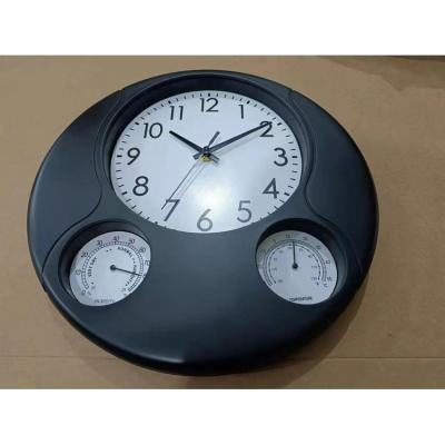 China Antique Style Hygrometer Thermometer Function Quartz Analog Round Plastic Modern Wall Clock For Home Decorative for sale