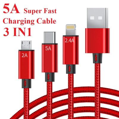 China Wholesale 3B2A Nylon Fast Charging Cable 3 in 1 USB Type C 5A Charger Nylon Lightning Micro Data Cables China Factories 3 in1 Nylon Fast Charging Cable for sale