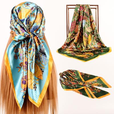 China 2022 New European American Square Street Flowers 90 * 90 Large Square Satin Scarf Fashion Printed Silk Scarf Shawl for sale