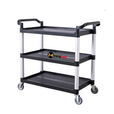 China Hotel Restaurant Kitchen Heavy Duty Easy To Install Black Plastic Serving Tray Trolley 3 Tiers Food Cart Carts for sale