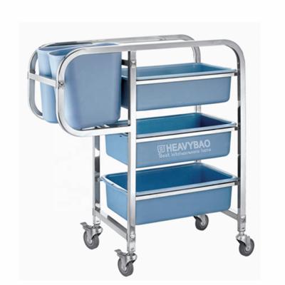 China SS 201 Heavybao Stainless Steel Tube Dish Collection Serving Trolley Square Household Trolley with Plastic Container for Cleaning for sale