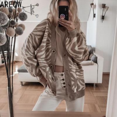 China Autumn Winter Casual Loose Knitted Anti-wrinkle V-Neck Mohair Cashmere Sweater Leopard Oversized Cardigan for sale