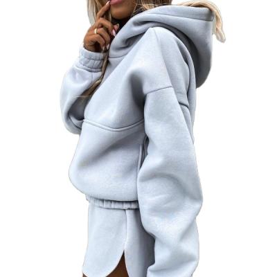 China 2021 Breathable Wholesale Cheap Long Sleeve Women Cropped Pullover Hoodie Sets Sweat Shorts Jogger Suit for sale