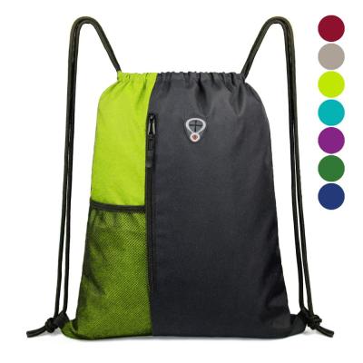 China Folding Drawstring Backpack Sports Gym Bag For Kids Men Women Large Size With Zipper And Water Bottle Mesh Pockets Fluorescent Green for sale