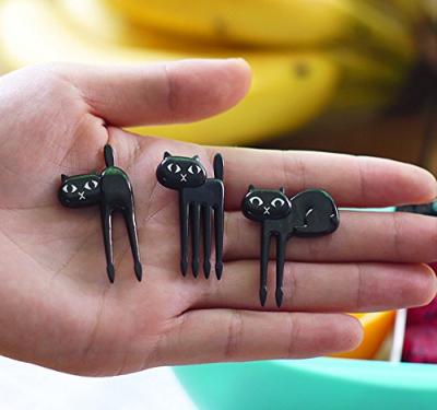 China 6Pcs Mini Animal Fork Fruit Picks Cartoon Cat Children Fork Bento Lunch Box Disposable Cute Decor Accessories Black Color for sale