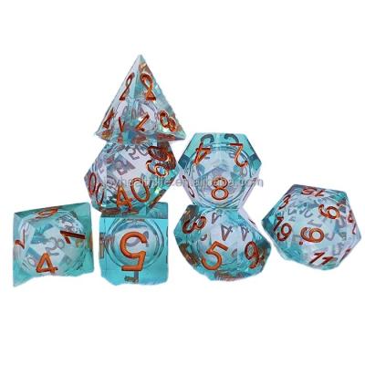 China Custom RPG Dnd High Quality Durable Sharp Plastic Polyhedral Transparent Quicksand Core Swirl Liquid Heart Filled Game Die Cut for sale