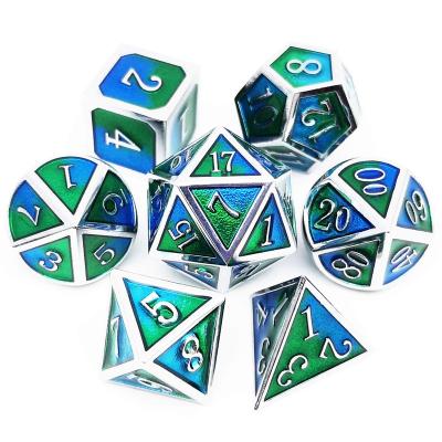 China Popular Metal Dies Set Green Blue D&D Die Cut Silver Polyhedral DND Metal Die Cut For Dungeons And Dragons D4 D6 D8 D10 D12 D20 RPG Games for sale