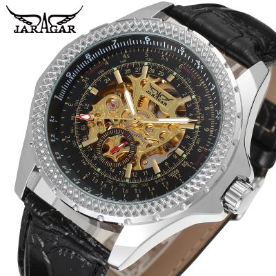 China Classic Power Reserve 2021 JARAGAR Men Watch Black Leather Strap Skeleton Automatic Mechanical Logo Wholesale Wristwatch relojes hombre for sale