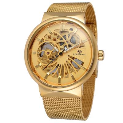 China Wholesale Custom Luxury Skeleton Men's Watch Brands Power Reserve Wrist Watches Mechanical Minimalist Forsining Mesh Band Handmade Clock Gold for sale