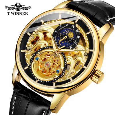 China Wholesale Luxury Watch Men Water Resistant Power Reserve China Brand T-WINNER OEM Genuine Leather Skeleton Wrist Watch for sale