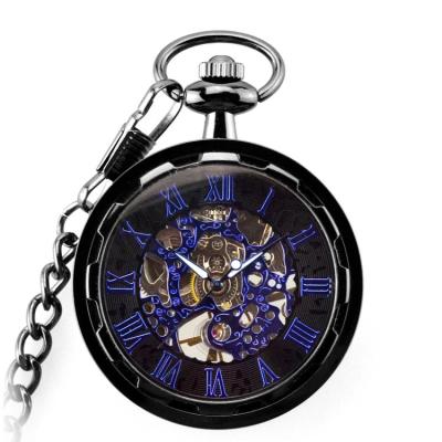 China New Pocket Watch Black Pocket Watch Compass Skleton Train Watches Engraver Black Painting Grandpa Necklace Luminous for sale