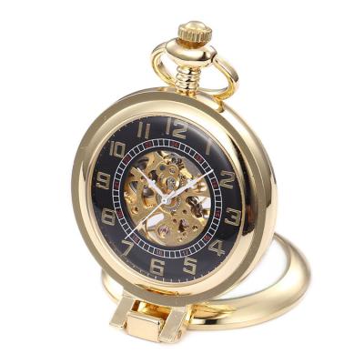 China Antique Mens Gold Steampunk Vintage Skeleton Mechanical Pocket Chain Mechanical Watch With Magnifying Glass for sale