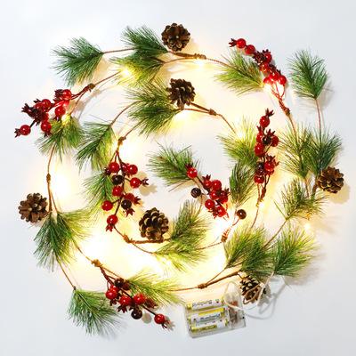 China Christmas Wreath Decoration With Lights Pine Cones Red Fruit Led Copper Wire Lights Pine Needles Rattan String Lights for sale